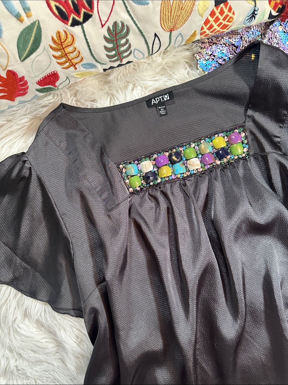 Apt 9 • Iridescent Beaded Neckline Flutter Sleeve Top